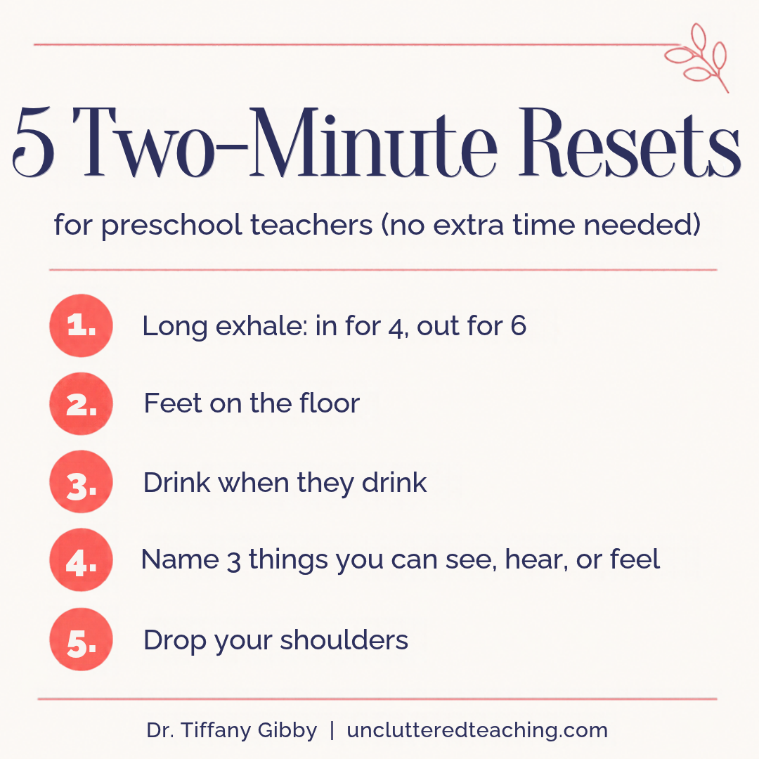 Tip graphic: 5 two-minute resets for preschool teachers, including long exhale, feet on the floor, and drop your shoulders